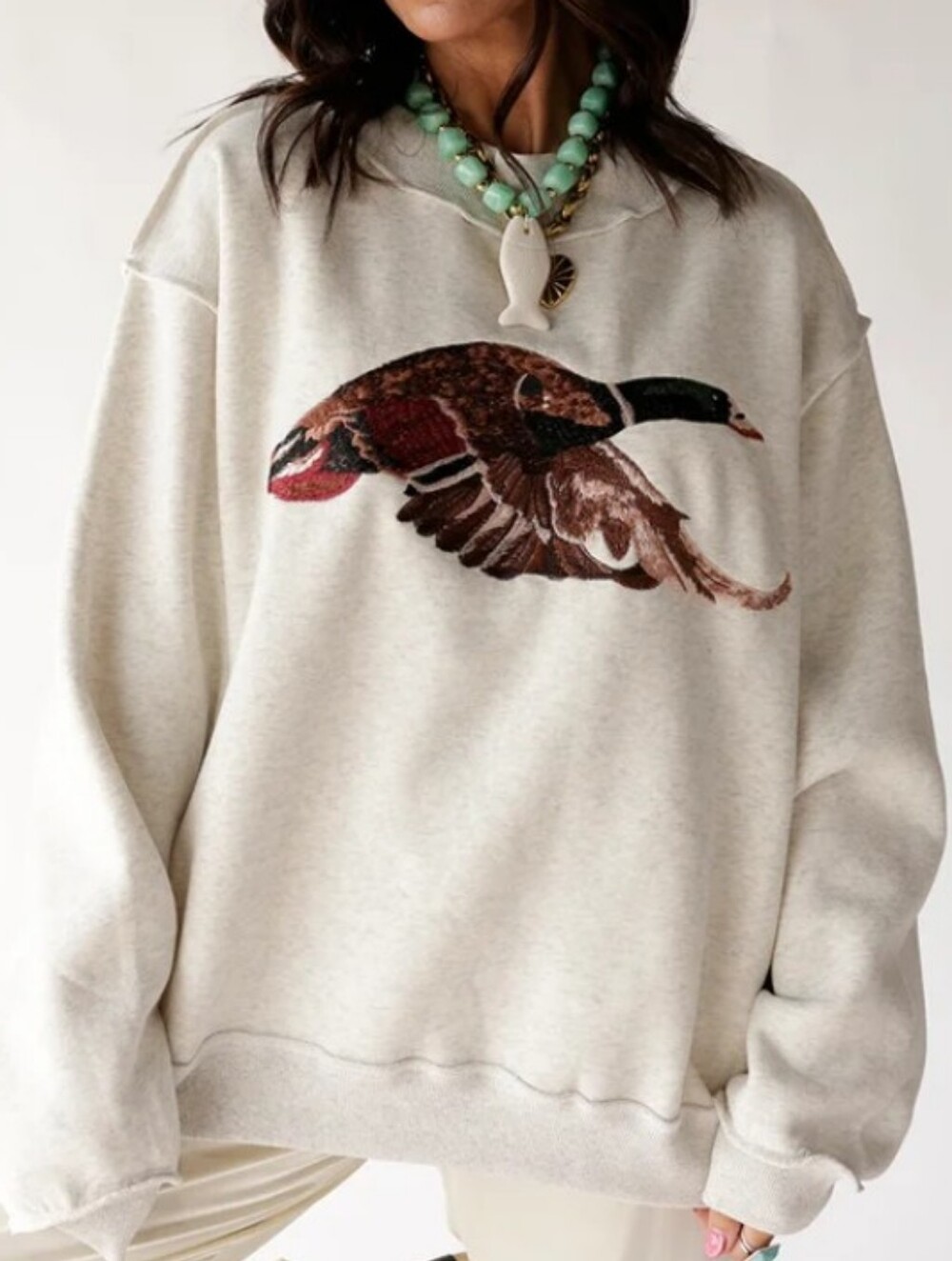 NEW Boutique Branded Hip Eagle Mallard Print Mockneck Sweatshirt In Light Gray